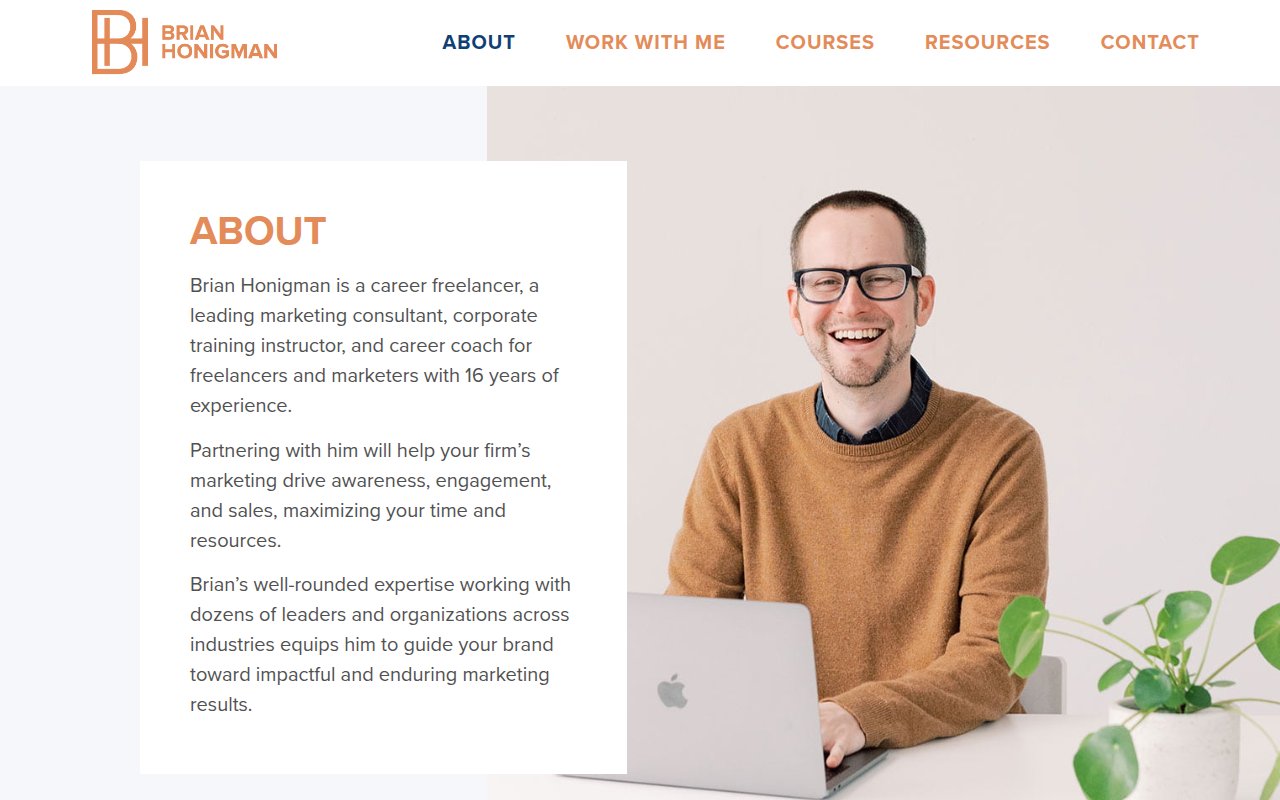 Brian Honigman about page with Kellogg and NYU teaching credentials and 16 years of marketing experience