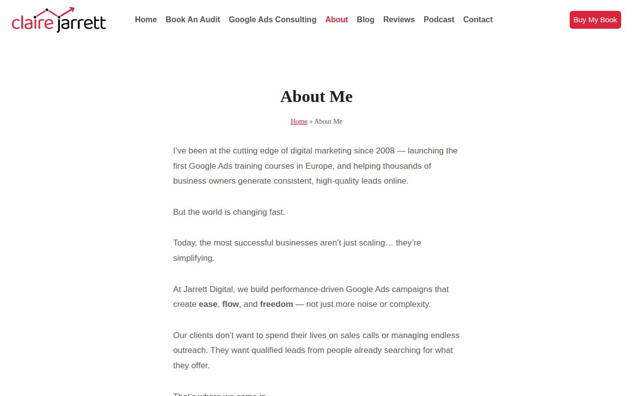 Claire Jarrett about page with 16 years of digital marketing experience and training credentials