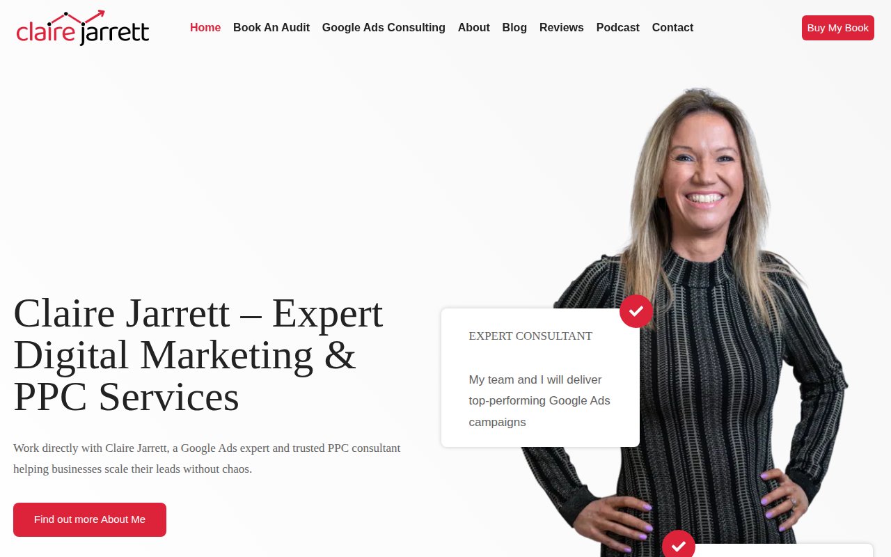 Claire Jarrett homepage with personal photo, Google Ads expert positioning, and Buy My Book CTA in navigation