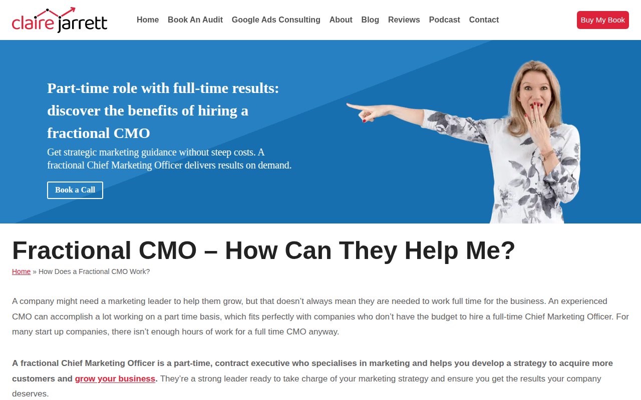 Claire Jarrett Google Ads consulting services page with audit and consulting options