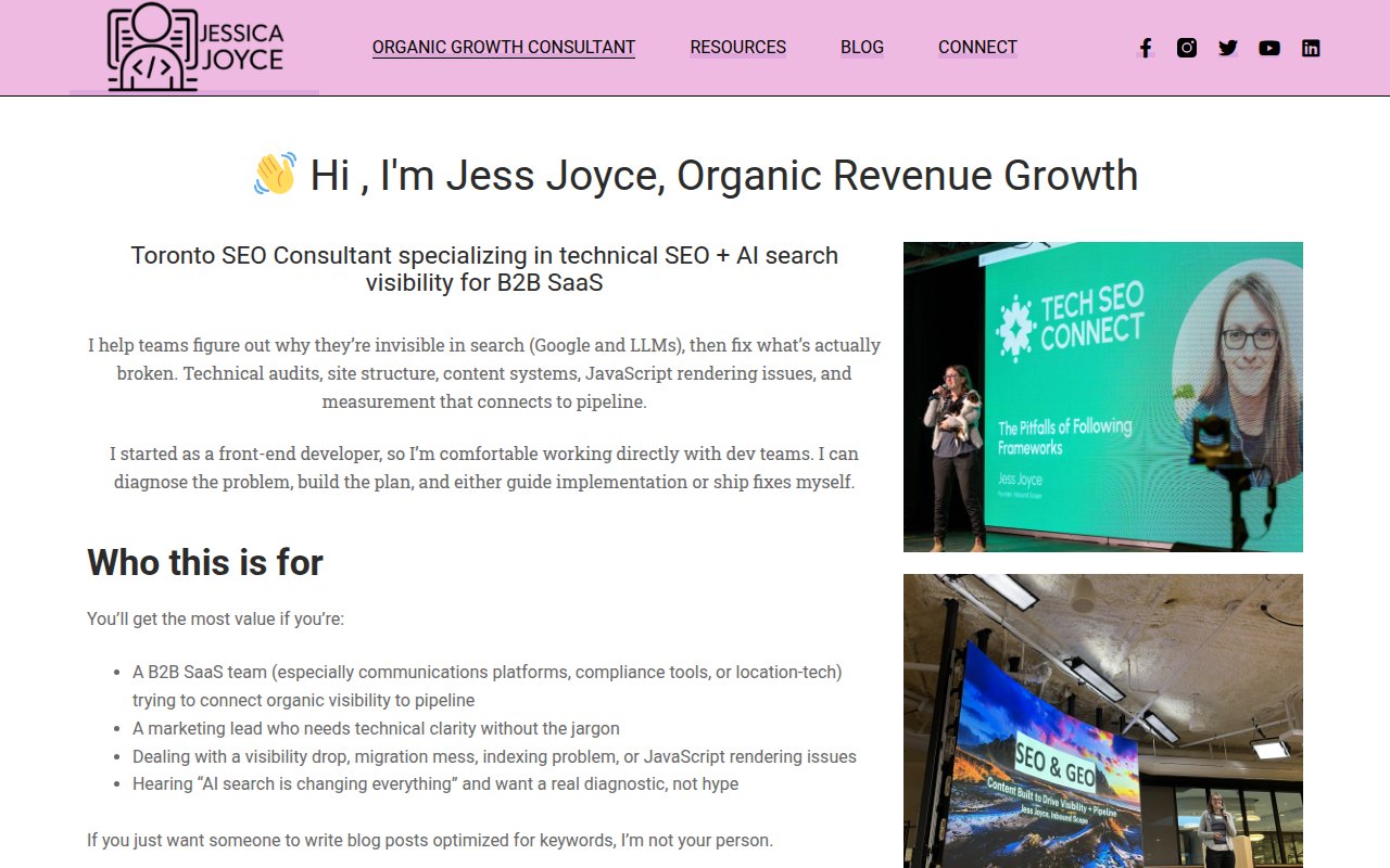 Jess Joyce consultant page with developer-to-SEO career story and three service tiers