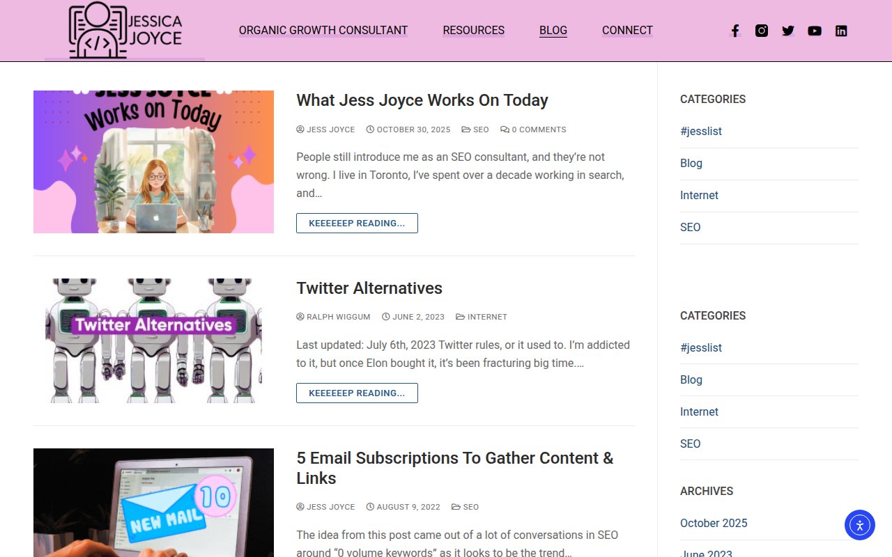 Jess Joyce blog with SEO resources, visibility strategy articles, and thought leadership content