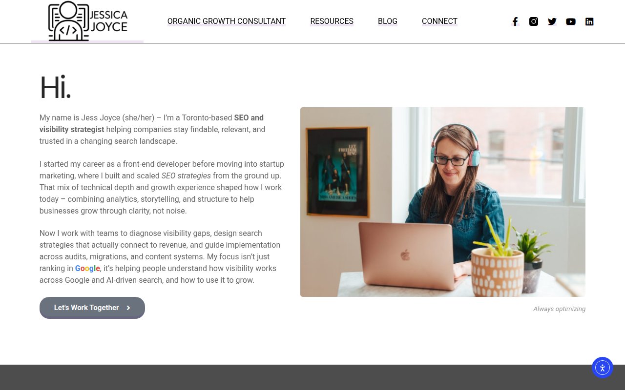 Jess Joyce homepage with personal photo, Organic Growth Consultant positioning, and Let's Work Together CTA
