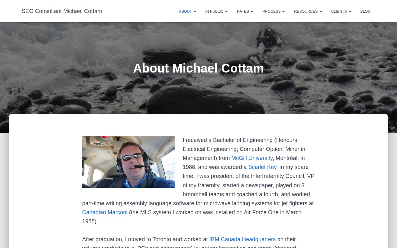 Michael Cottam about page with 17 years of experience, 1,400 clients, and detailed career history