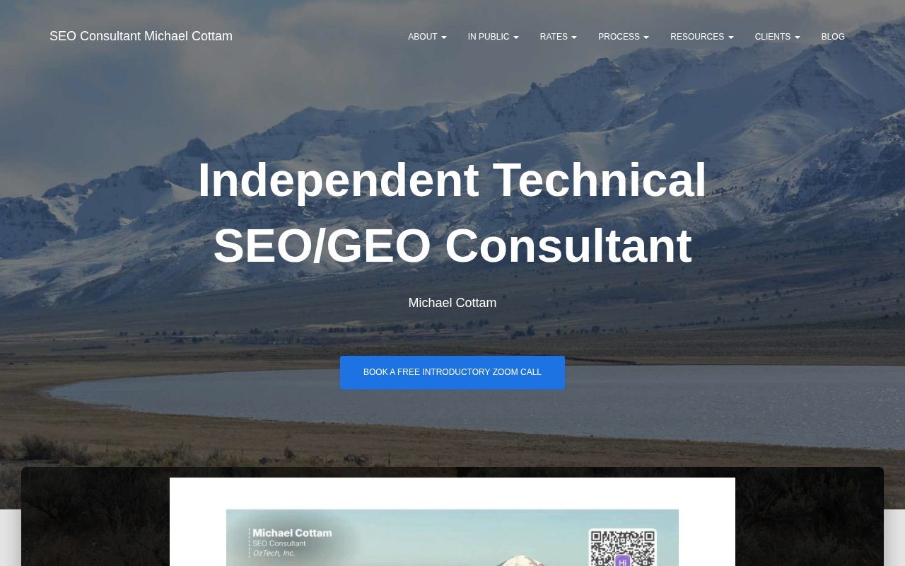 Michael Cottam SEO consultant homepage with mountain landscape, Independent Technical SEO positioning, and Book a Zoom Call CTA