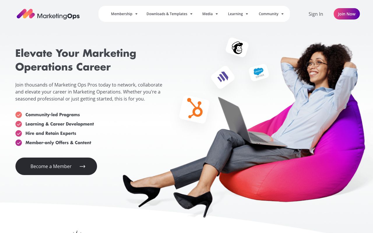MarketingOps.com homepage with community membership CTA, career development messaging, and MarTech platform logos