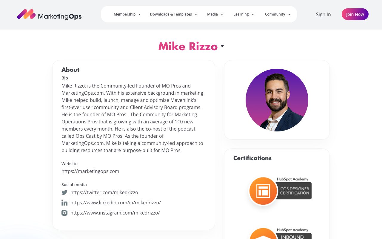 Mike Rizzo profile page on MarketingOps.com with bio, headshot, HubSpot certifications, and social links