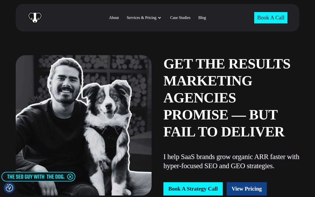 Taylor Scher SEO homepage with dark design, personal photo with dog, and bold headline about delivering results agencies promise