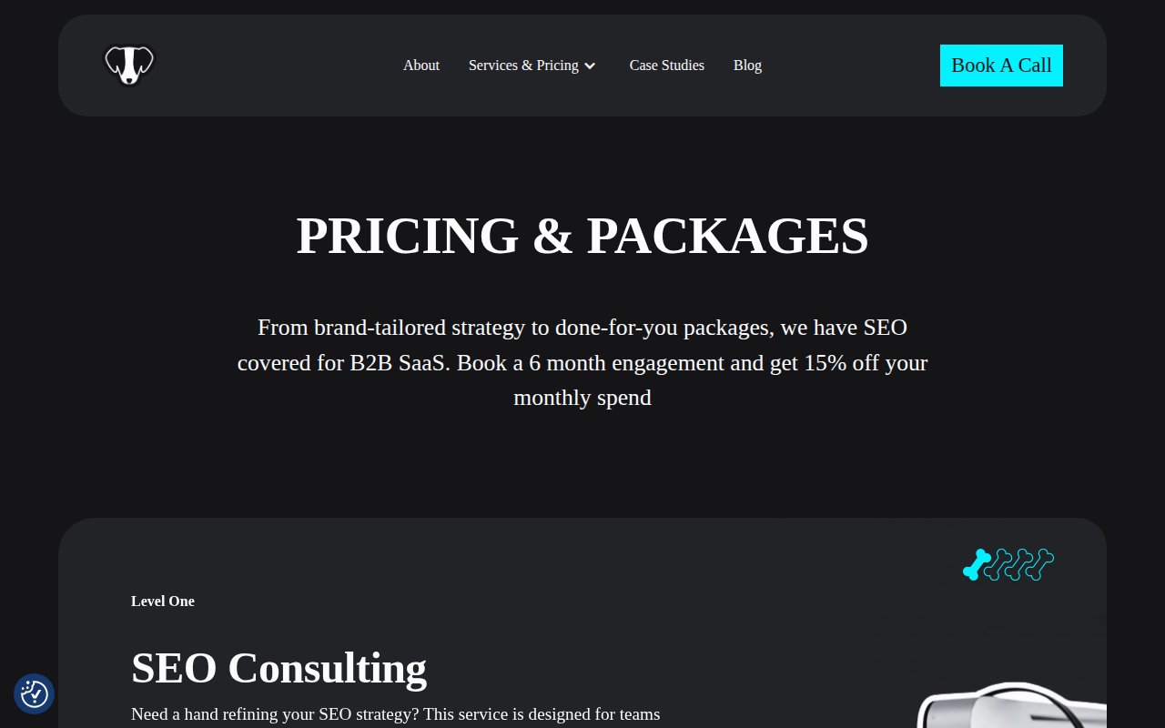 Taylor Scher services and pricing page with four SEO consulting tiers from $3,500 to $10,000 per month