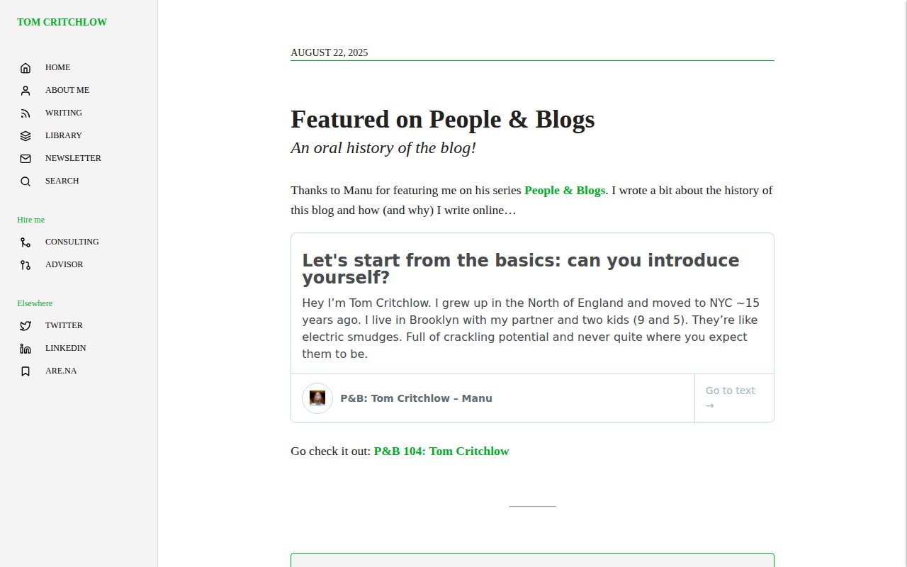 Tom Critchlow writing page with long-form blog posts on consulting strategy and independent work