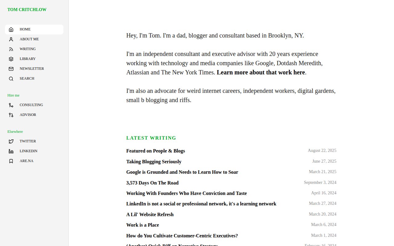 Tom Critchlow homepage with sidebar navigation, personal introduction as dad blogger and consultant, and latest writing