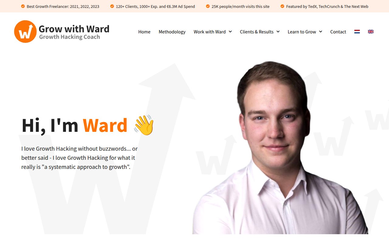 Ward van Gasteren about page with personal entrepreneurial story and growth hacking credentials