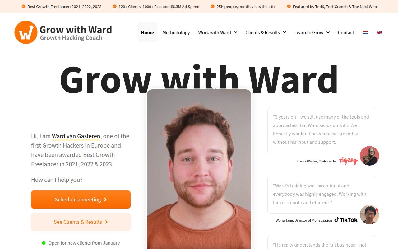 Grow with Ward homepage showing personal photo, client testimonials, and Schedule a Meeting CTA with trust bar across the top