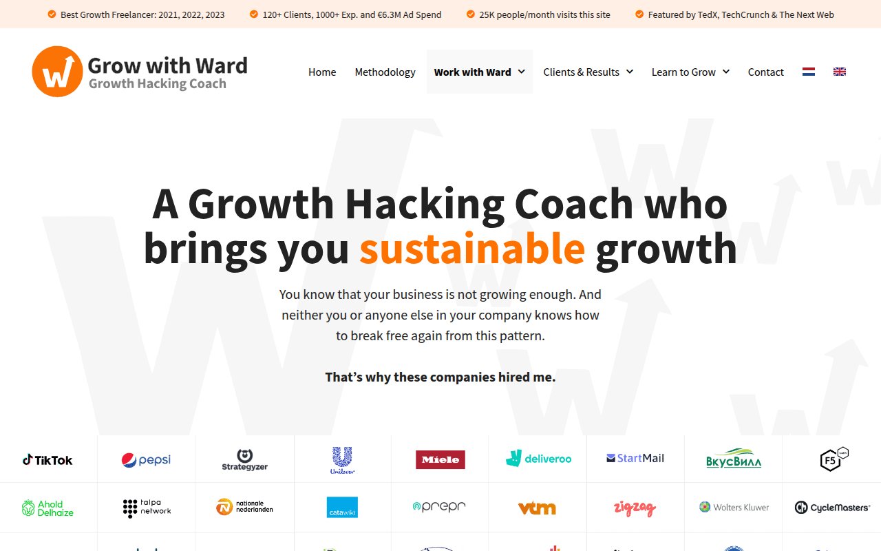 Ward van Gasteren growth hacking consultant services page with freelance, coaching, and training engagement models