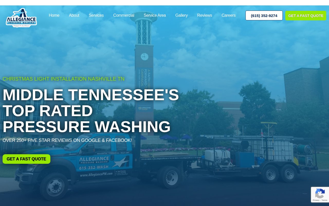 Allegiance Pressure Washing homepage with review count prominently displayed in the hero section