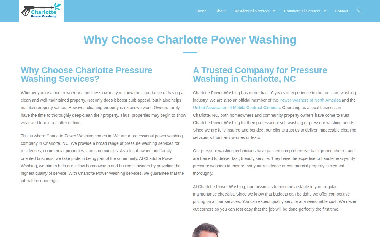 Charlotte Power Washing about page highlighting industry association memberships