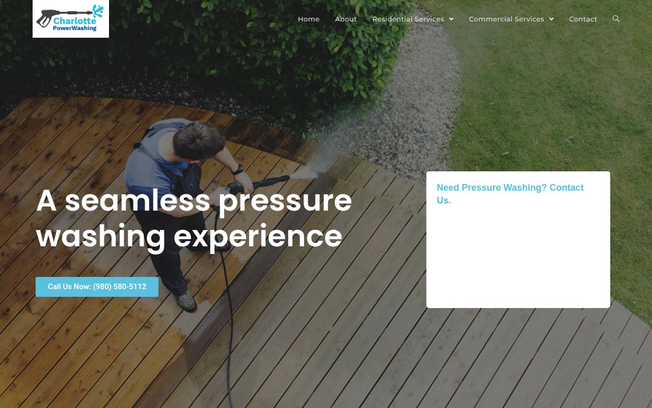 Charlotte Power Washing homepage with before/after deck photo hero