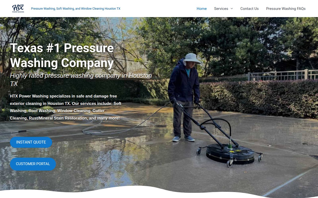 HTX Power Washing homepage with instant quote and customer portal options