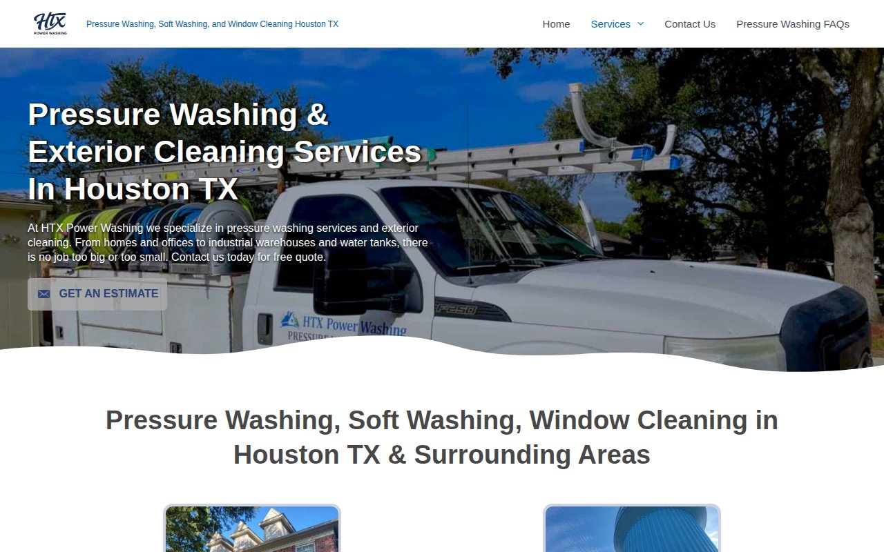 HTX Power Washing services page covering residential, commercial, and industrial