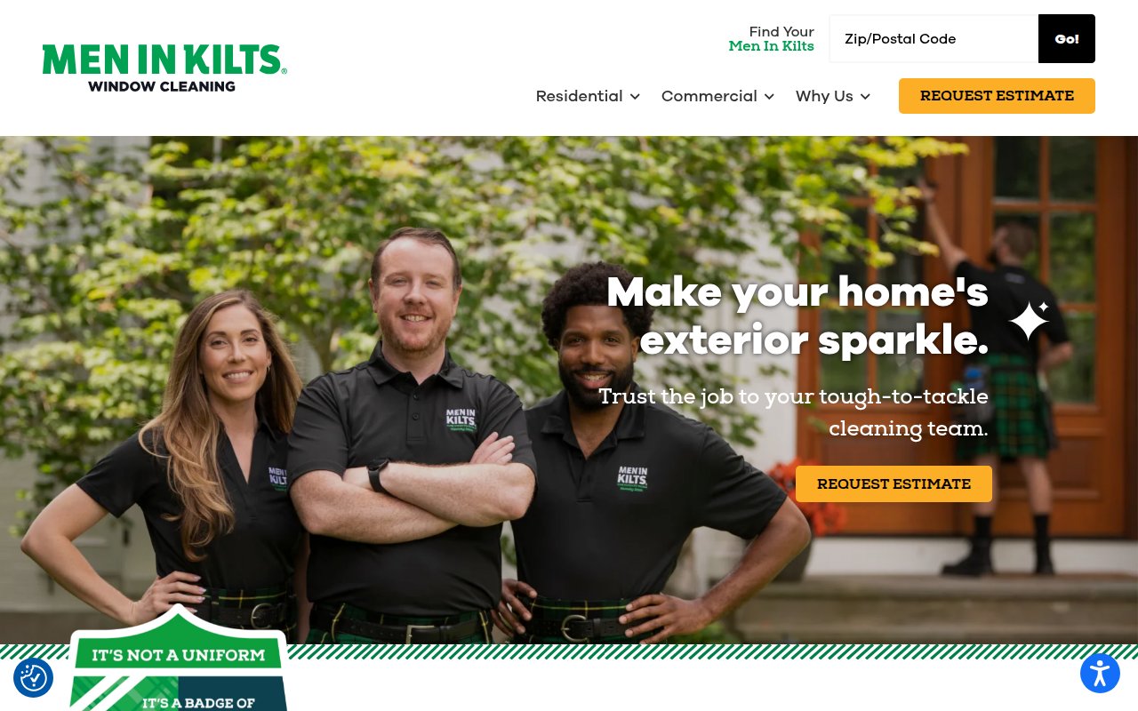 Men in Kilts homepage with ZIP code finder CTA and team photo hero