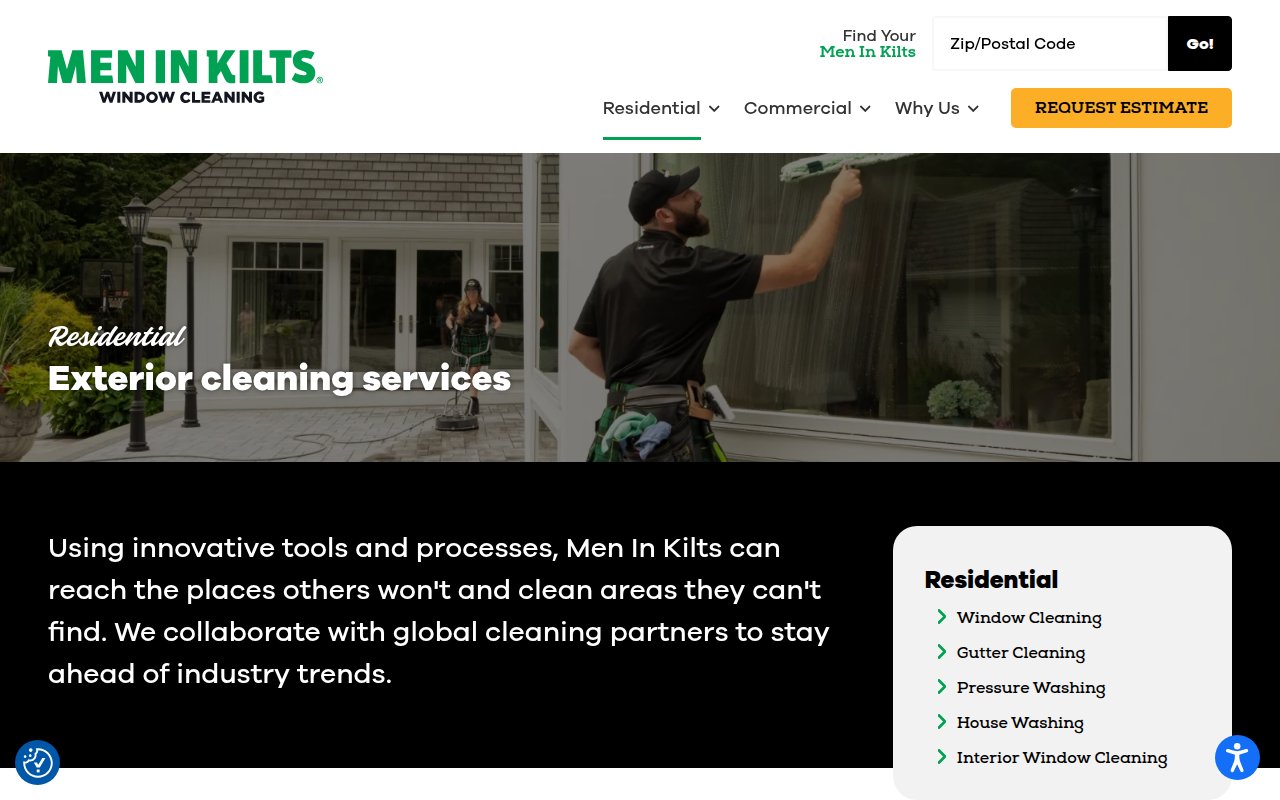 Men in Kilts services page showing residential and commercial cleaning options