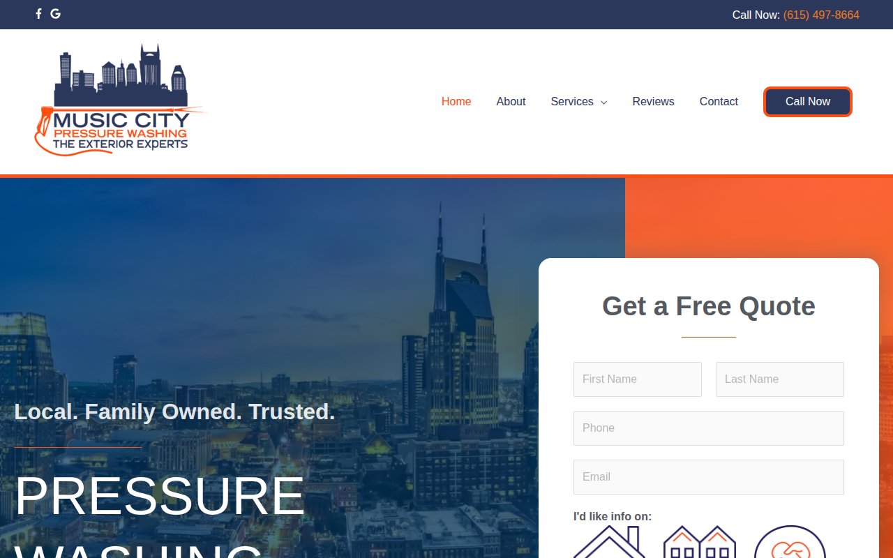 Music City Pressure Washing homepage leading with local family-owned positioning
