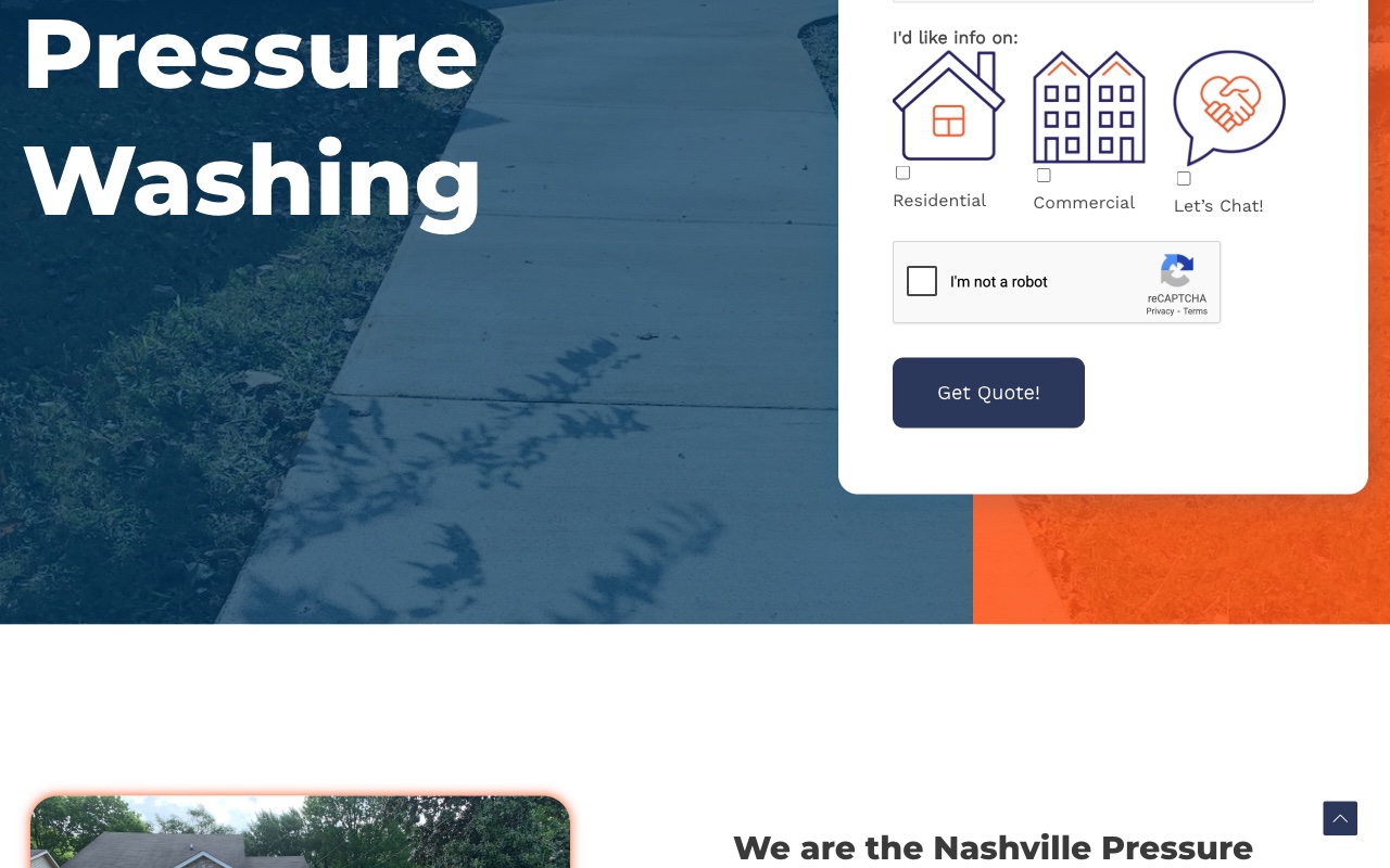 Music City Pressure Washing services page with residential and commercial breakdowns
