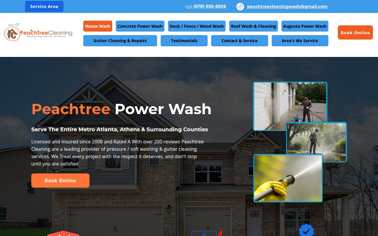 Peachtree Power Wash homepage with service-button navigation and online booking