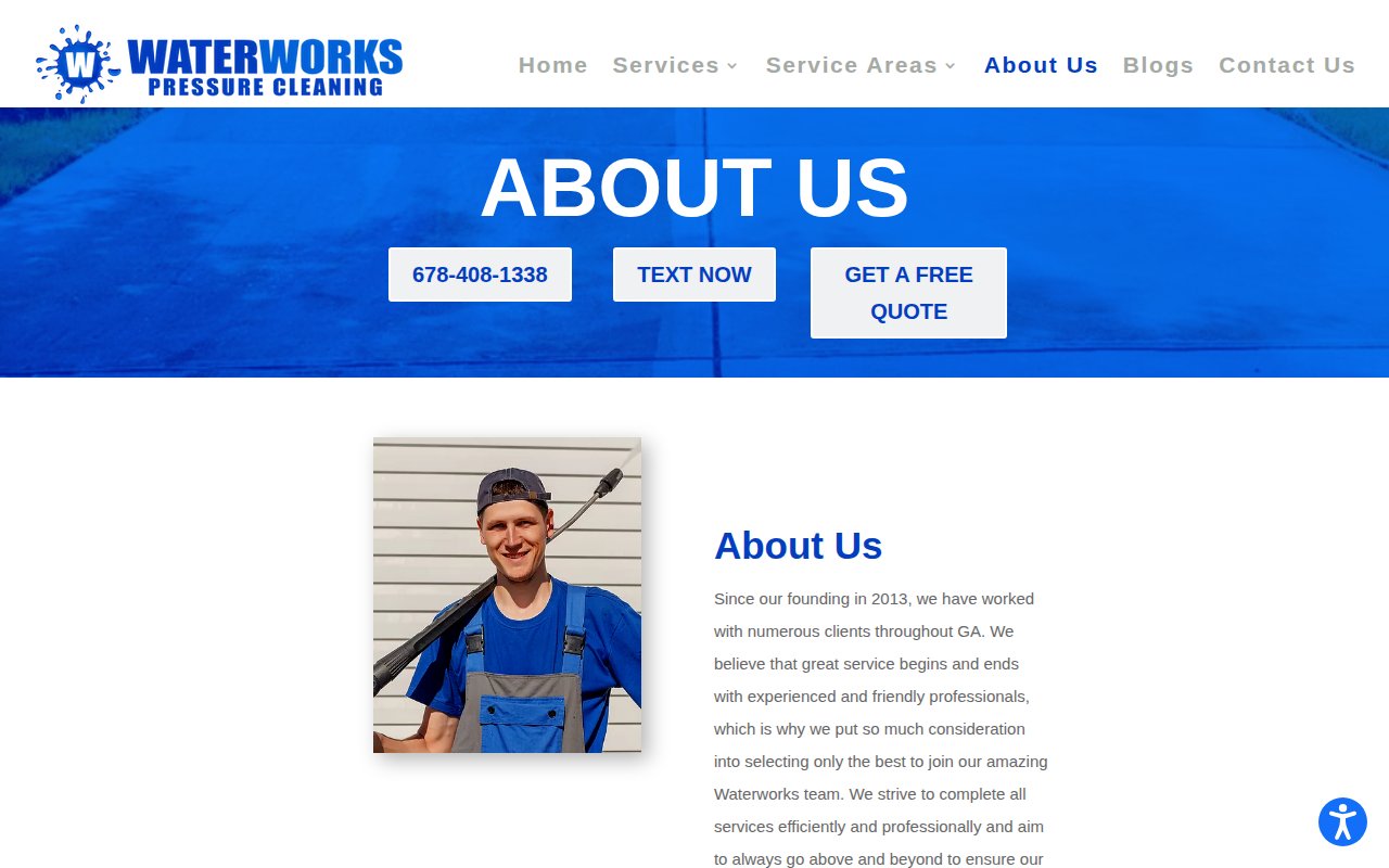 Water Works Pressure Cleaning about page with founding story and team message