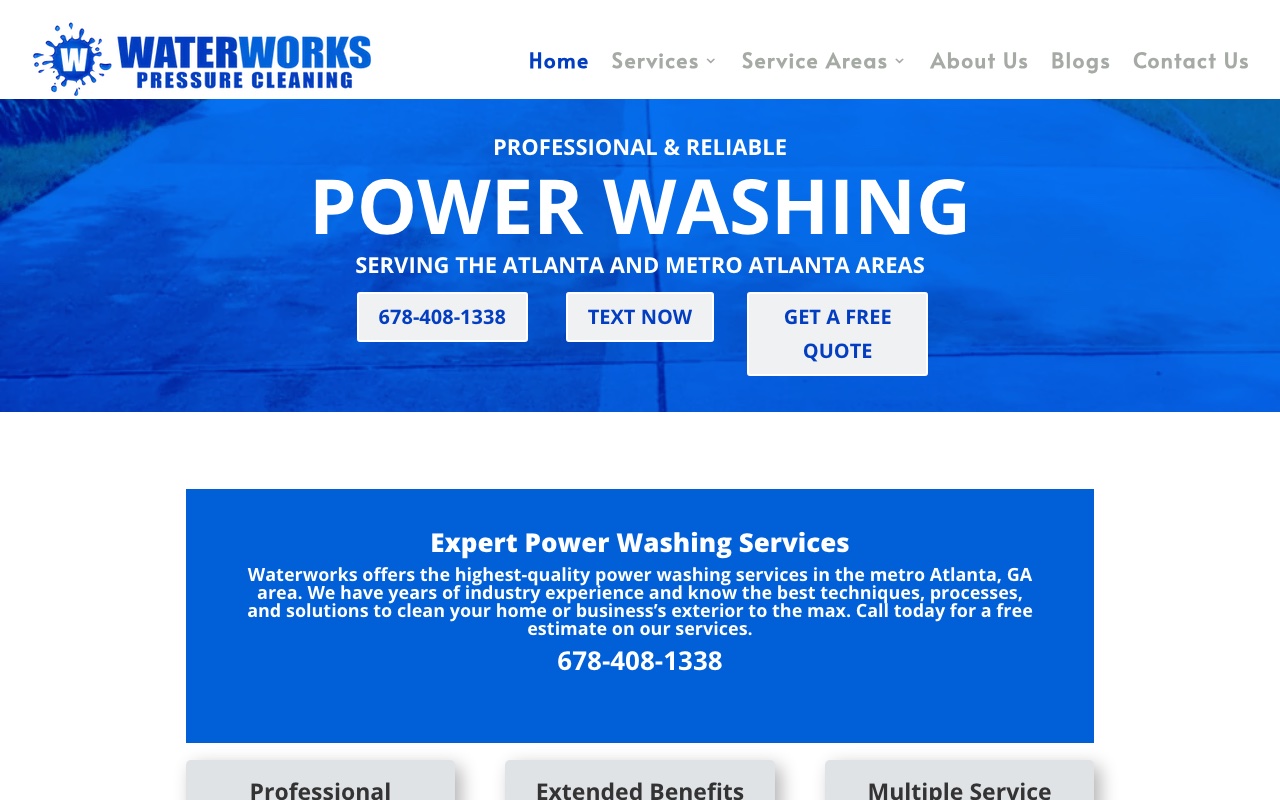 Water Works Pressure Cleaning homepage with three contact options: call, text, and quote form