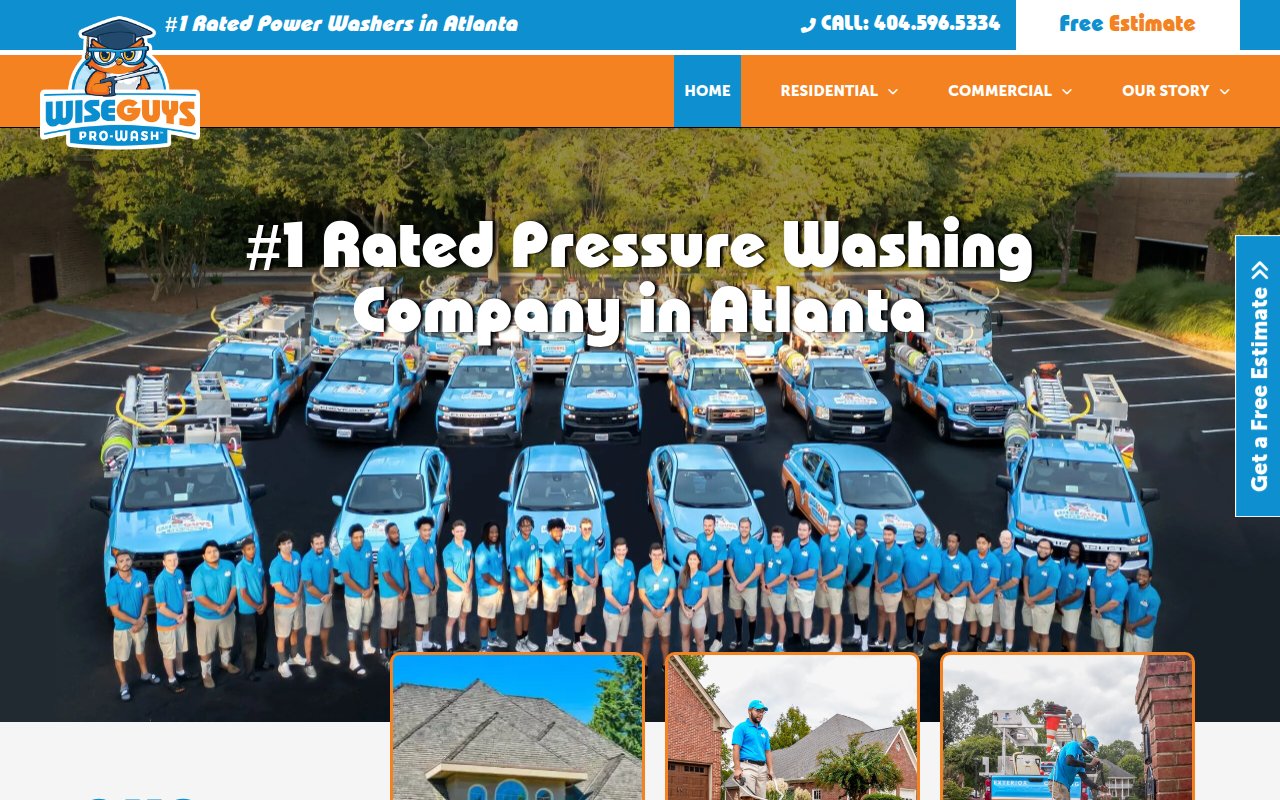 WiseGuys Pro-Wash homepage showing fleet of branded vehicles and full team photo