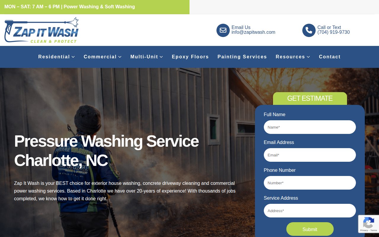 Zap It Wash homepage with full lead capture form embedded in the hero