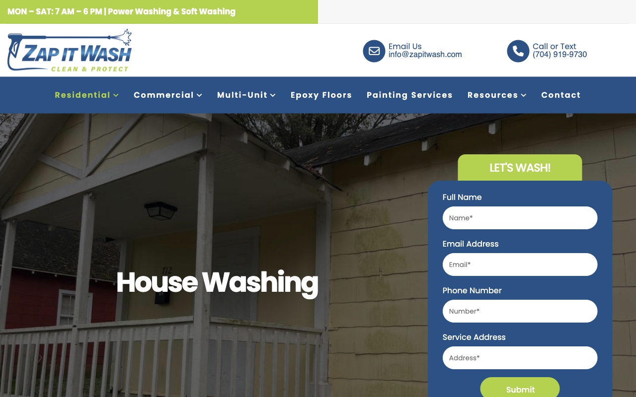 Zap It Wash services page covering residential, commercial, and multi-unit categories