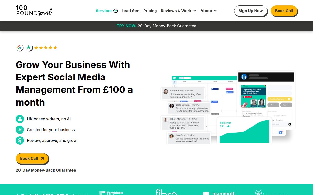 100 Pound Social homepage showing social media management from 100 pounds per month