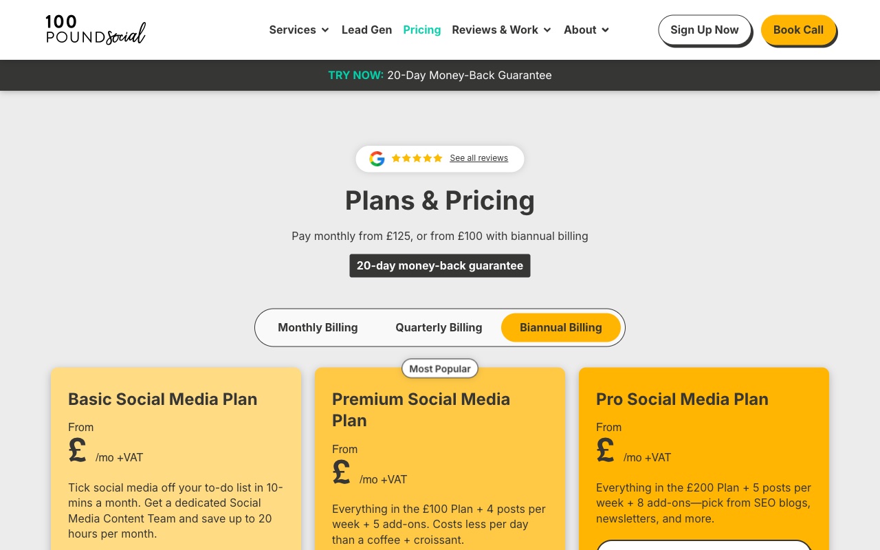 100 Pound Social pricing page showing tiered social media plans
