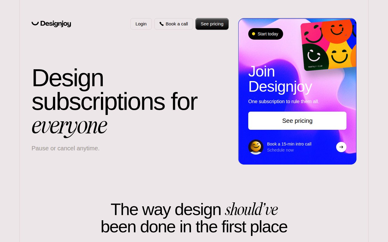 DesignJoy homepage with minimalist design subscription offering