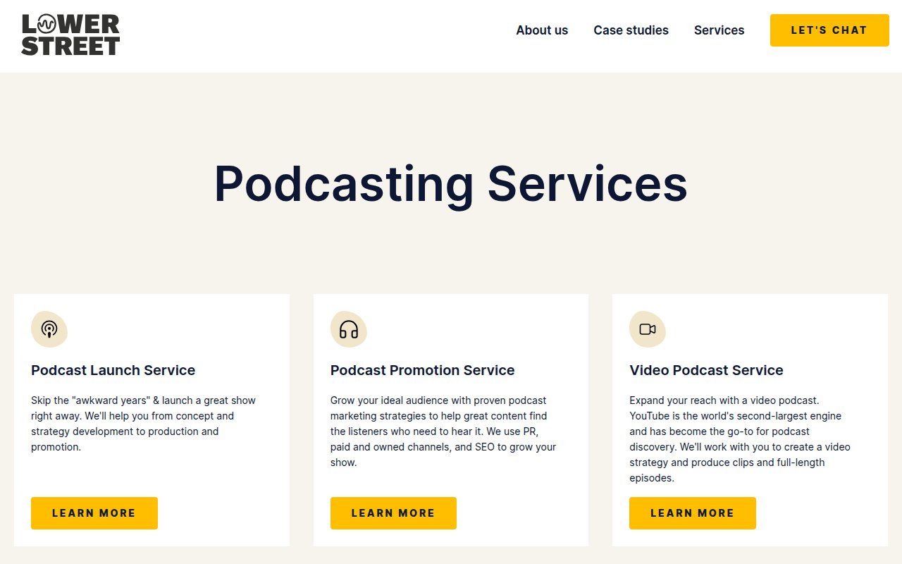 Lower Street services page showing podcast production offerings