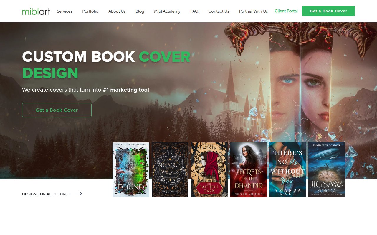 Miblart homepage showing custom book cover design service