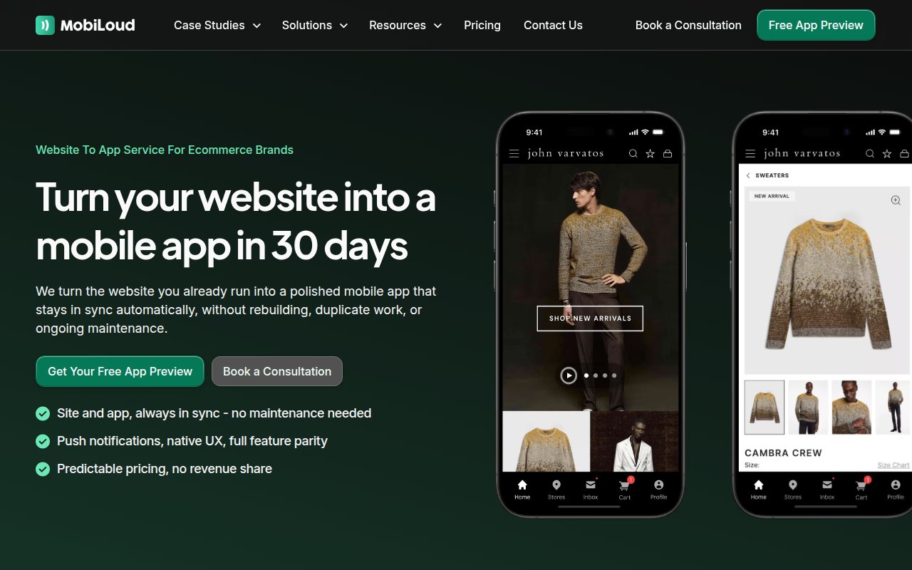 MobiLoud homepage showing website-to-app conversion service