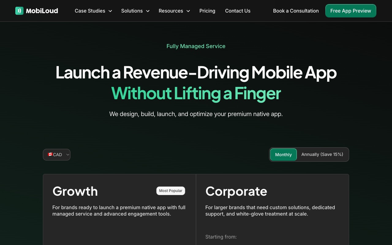 MobiLoud pricing page showing app conversion plans