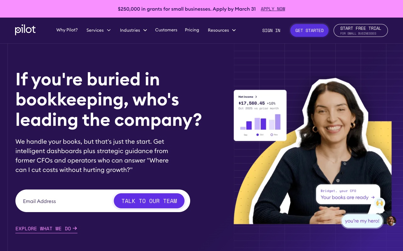 Pilot homepage showing bookkeeping and CFO services for startups