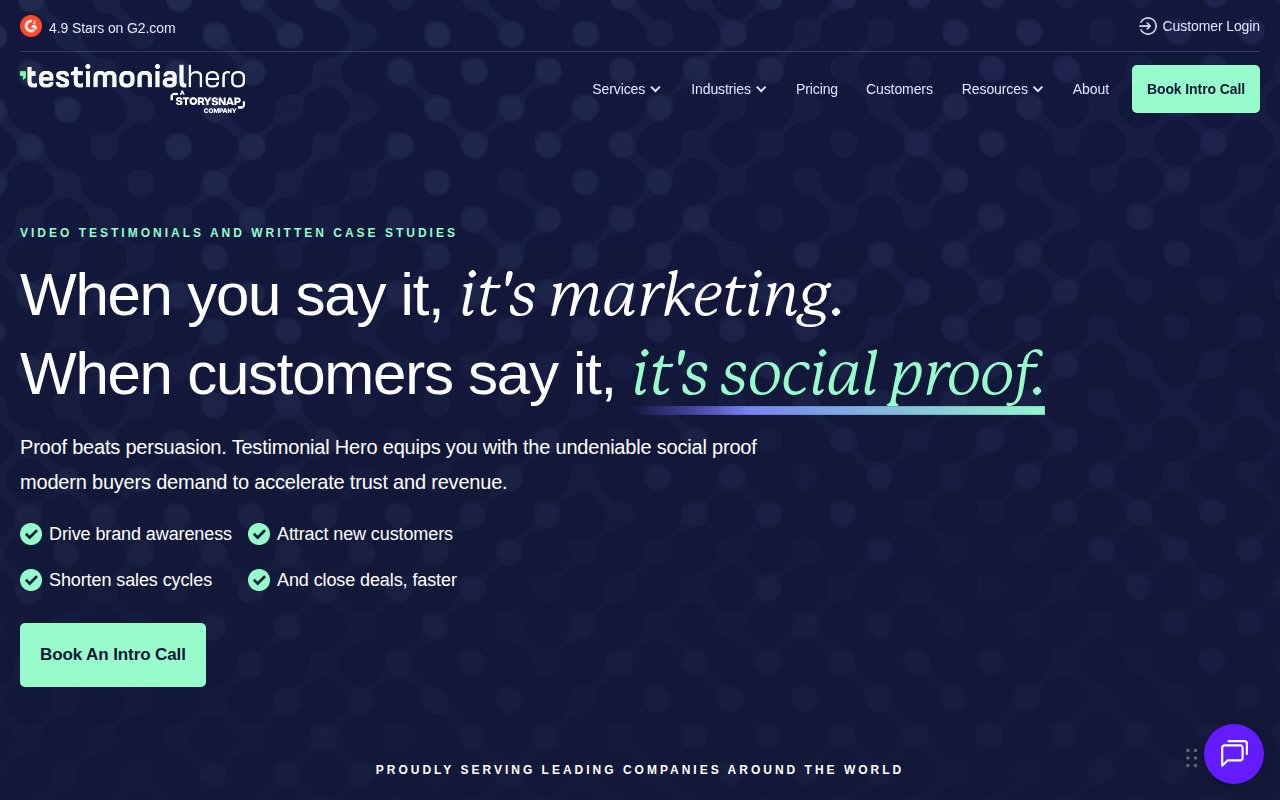 Testimonial Hero homepage showing video testimonial service