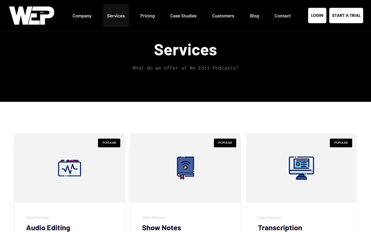 We Edit Podcasts services page showing production packages