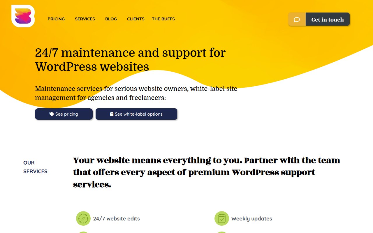 WP Buffs homepage showing 24/7 WordPress maintenance service