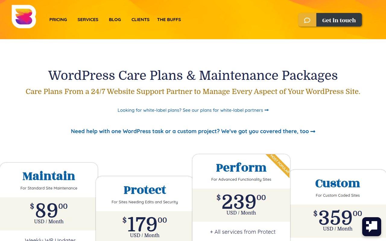 WP Buffs services page showing WordPress care plan options