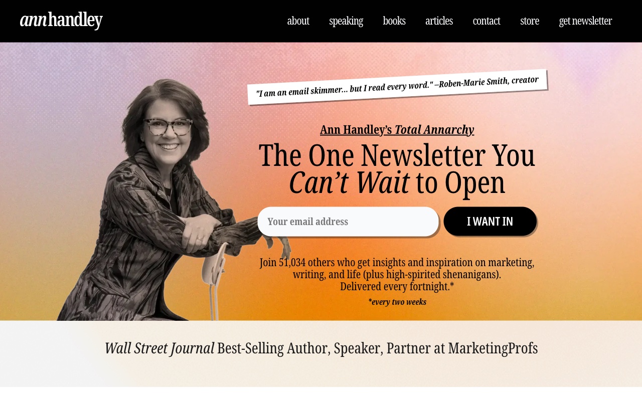 Ann Handley homepage with newsletter CTA and professional headshot