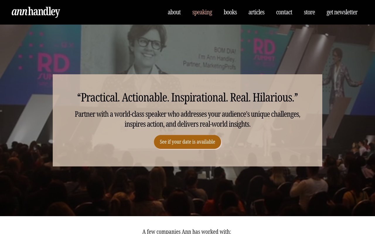 Ann Handley speaking page with keynote topics and client logos
