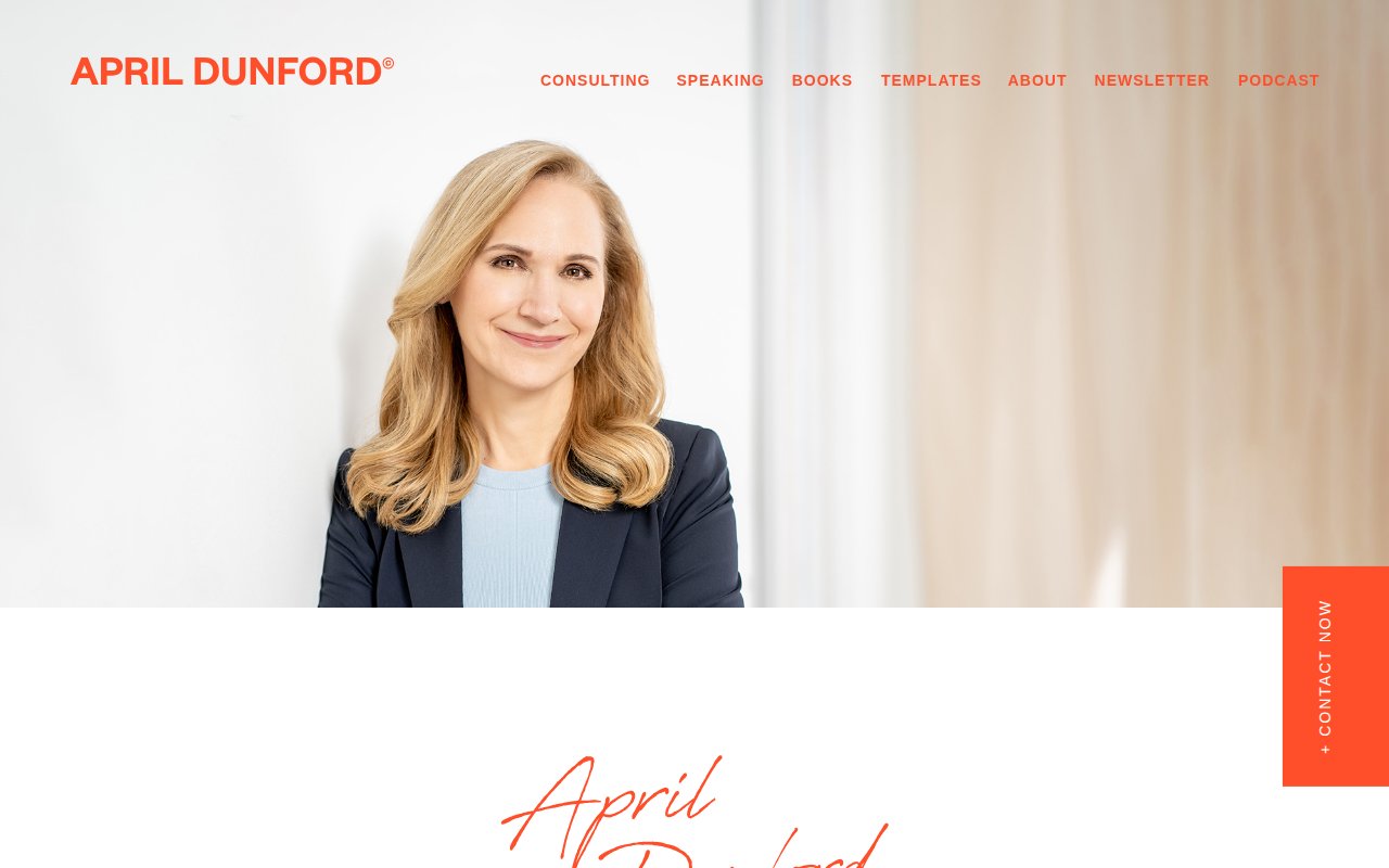 April Dunford about page with career history and advisor credentials