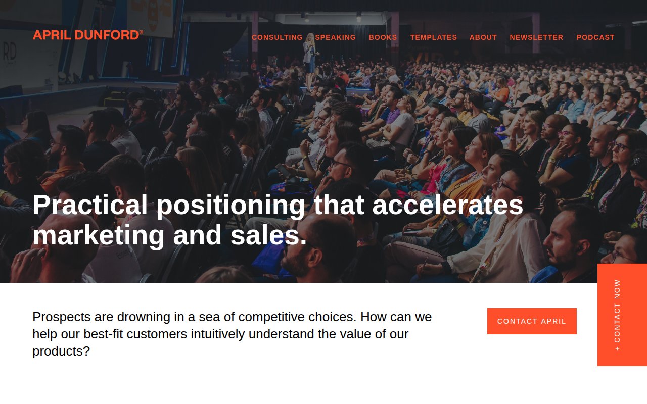 April Dunford homepage with positioning headline and CEO testimonials