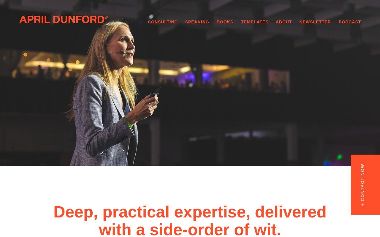 April Dunford speaking page with conference list and book CTA